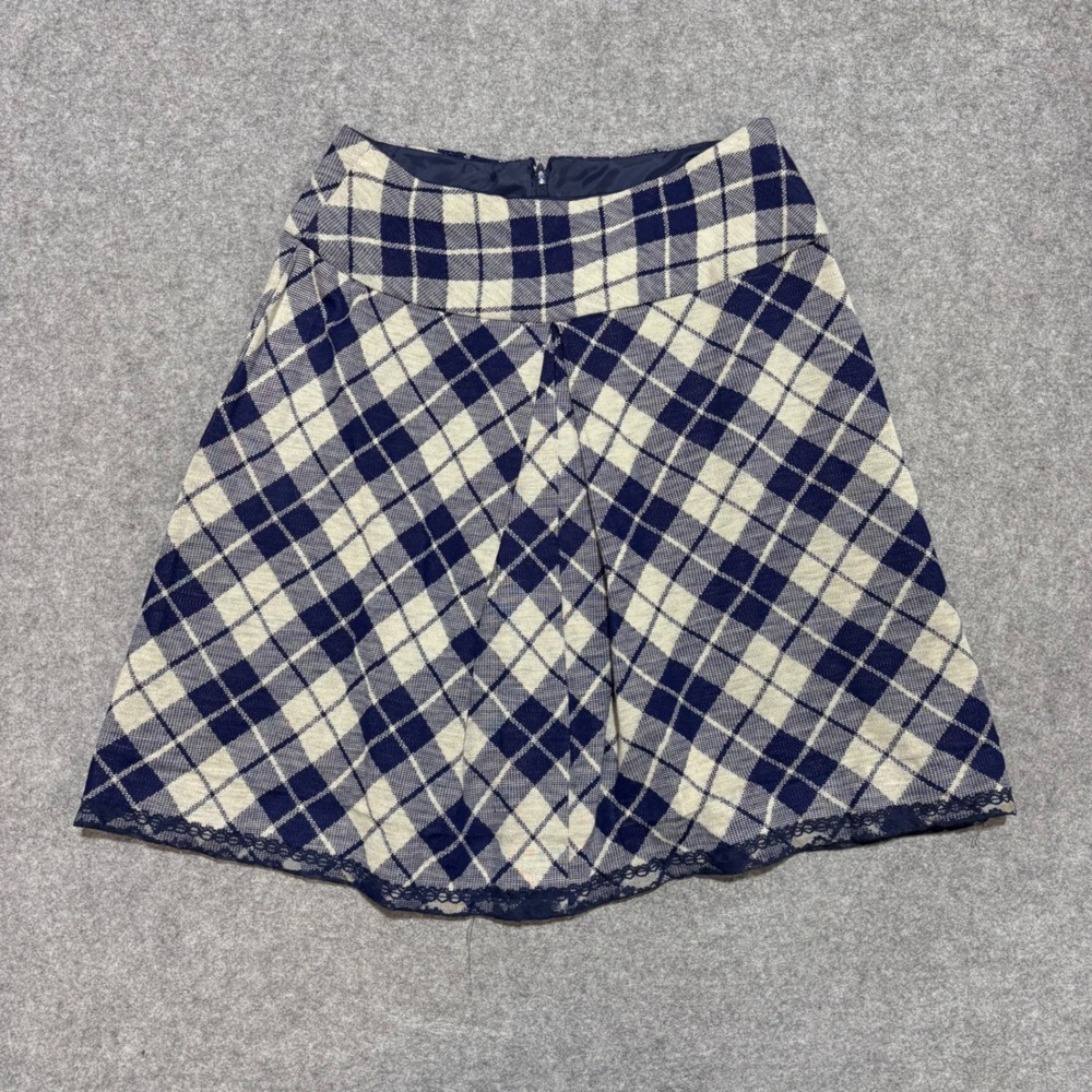 Navy Blue Plaid A-Line Mini Skirt with Lace Trim High Waisted Preppy Skater